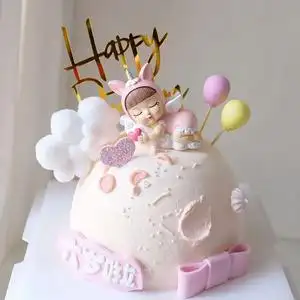 睡姿独角兽天使女孩摆件女宝宝满月百天生日蛋糕装饰粉色系蛋糕
