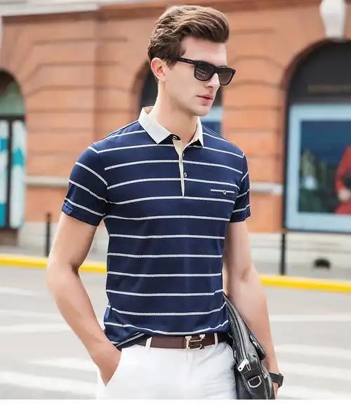 金盾男装2017夏季条纹翻领polo衫短袖男薄款潮牌港风帅气半袖t恤-t