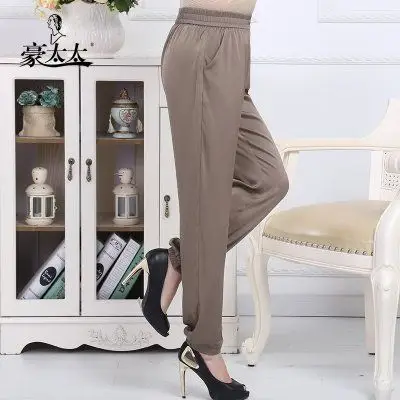 豪太太中老年真丝女妈妈装桑蚕丝松紧腰长裤子中年女士大码直筒裤_6折
