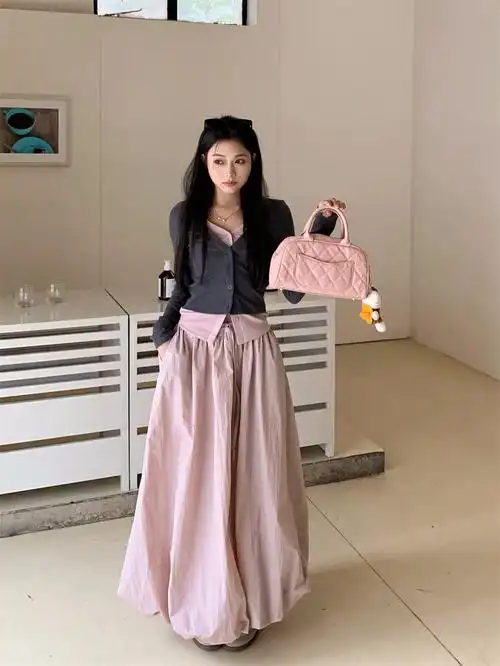 实拍50099撞色纯欲假两件上衣 50100工装蓬蓬花苞裙套装 - 17网