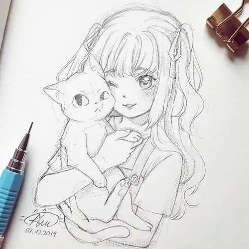 神仙画师微博转载二次元人物黑白动漫素材插画绘画线稿手绘女生男生