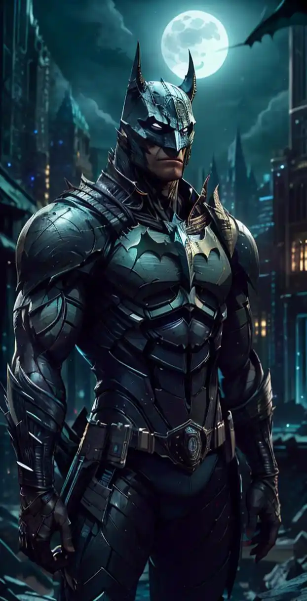 来自黑暗骑士的蝙蝠侠巍然屹立在一座哥特式失落的城市中.