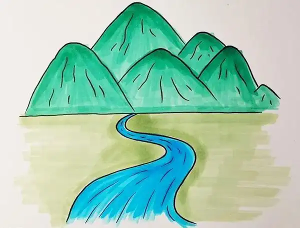 山水彩色风景简笔画
