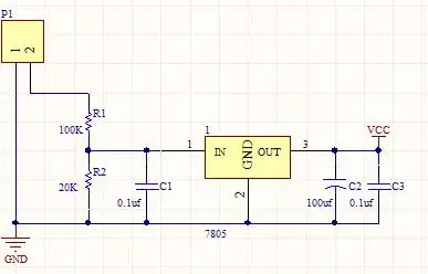 如电路图所示,输入电压34v,我想按照4:1比例分压,给7805提供7v电压