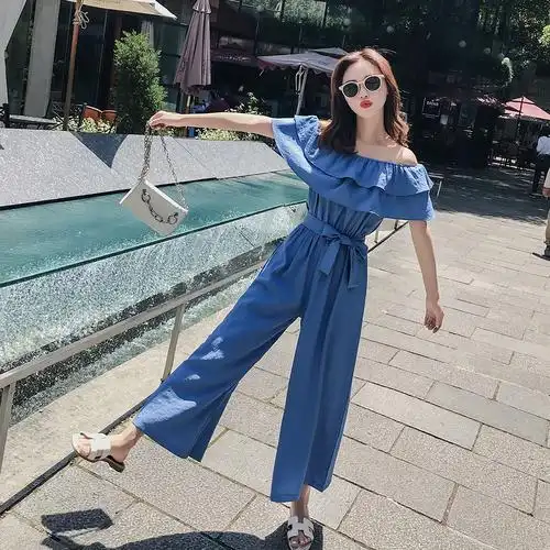 特价连体衣服女装_连体衣服女装夏季大码连体裤一字领高腰九分裤宽松