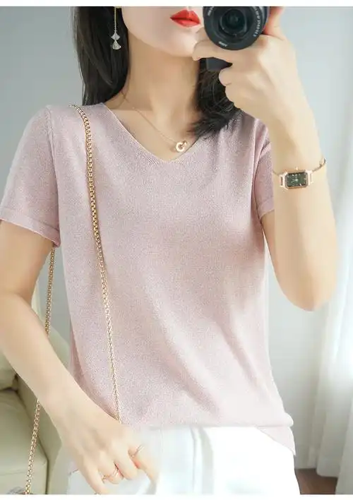 冰丝夏天短袖t恤女装薄款宽松v领短款亮丝针织衫女鸡心领上衣体恤