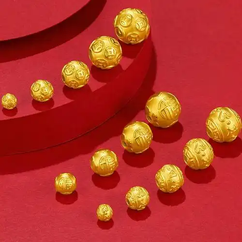 999足金六字真言黄金转运珠3d硬金散珠diy串珠男女金珠子钱币珠