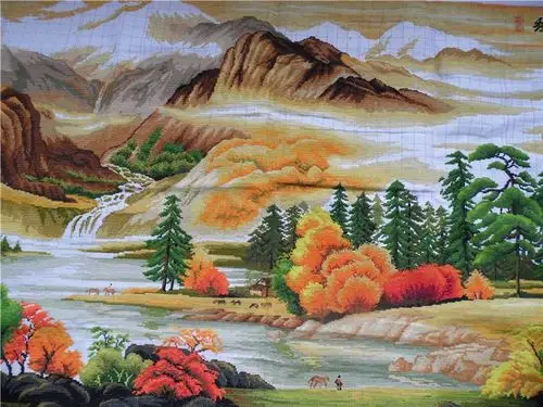 成品手工手绣十字绣锦绣山河白云飞瀑奇秀十字绣成品