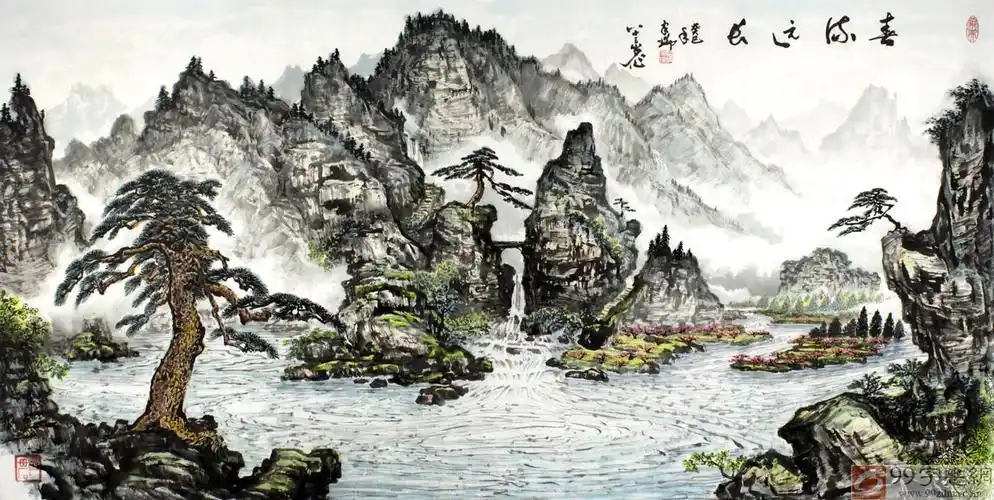 sk名家蒲家瑞四尺迎客松山水画《春流远长》