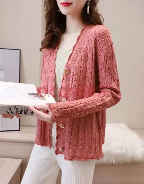 曼纽拉2020秋装新款纯色镂空毛衣外套女韩版宽松领针织开衫外搭上衣潮