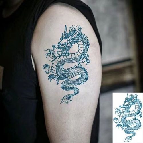 刺青色线条青龙苍龙纹身贴纸防水男女款持久胸背龙图腾花臂逼真贴