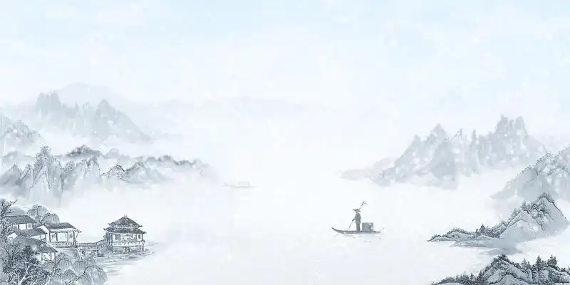 白色古风山水大雪渔民大雪展板背景大雪背景