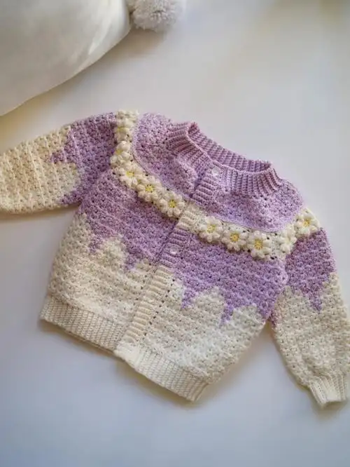 小雏菊花苞宝宝开衫钩针紫色白色搭配超爱