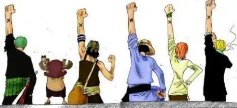 航海王简笔画六人举手的背影