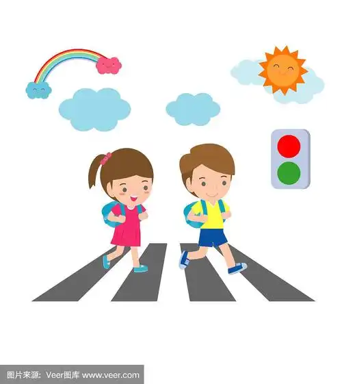 孩子过马路,学生过马路与交通灯,矢量插图