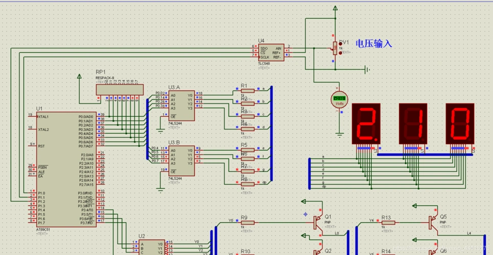 基于51单片机自动数字电压表pcf8591tlc2543tl548proteus仿真汇编程序