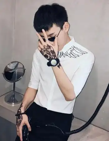 发型师潮装衬衫男五分袖分中袖衬衣社会人修身潮流帅气网红精神 白色