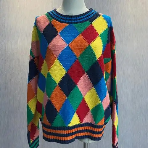 2020秋冬新款彩色撞色格子套头均码女款毛衣 菱形显瘦七彩毛衣