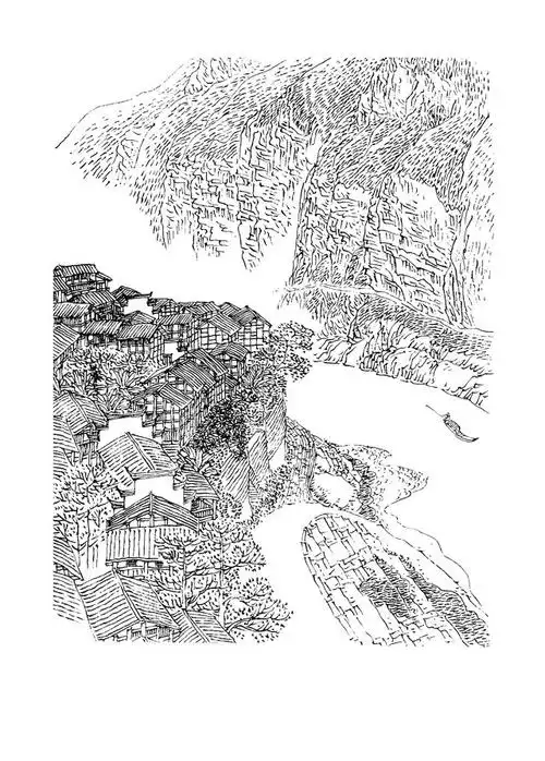 白描山水风光图