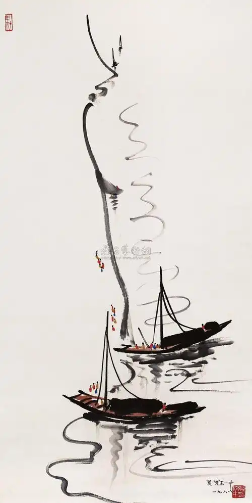 0149 1988年作 小船弯弯 立轴 设色纸本