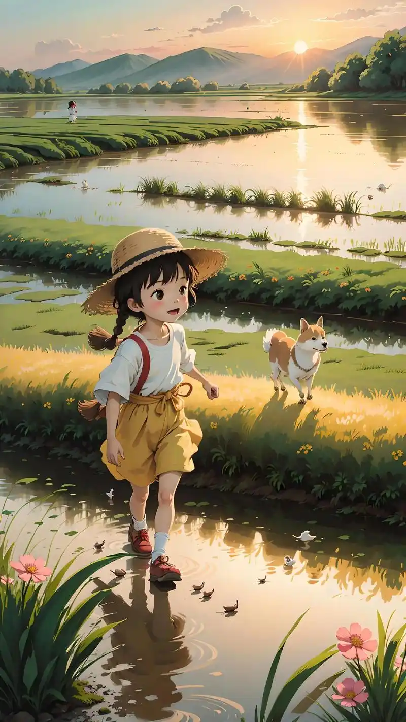 宫崎骏画风,乡间的田间,格外的宁静,夕阳即将西下,将暮未暮, - 抖音