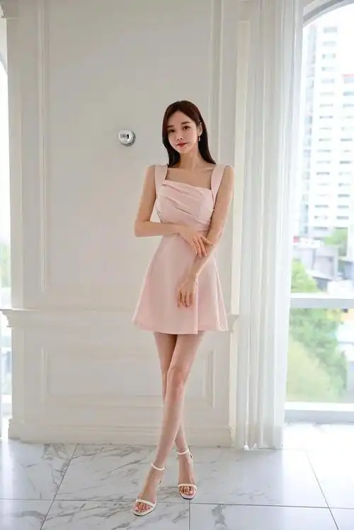 韩国美女模特孙允珠穿搭娇美温柔和煦轻褶皱宽肩吊裙,太美了