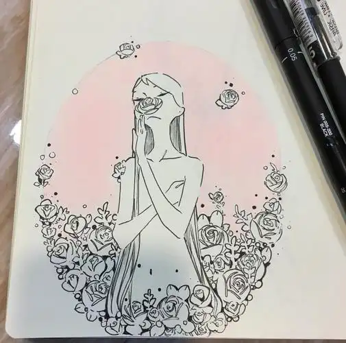 水彩 针管笔 手绘 人物细腻意境精致唯美笔记本上的绘画日本女孩:ik