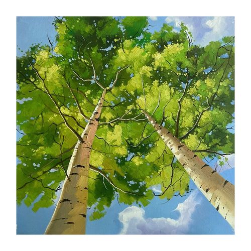 艺幻空间纵深白桦树肌理纯手绘油画客厅绿色植物玄关墙壁方形装饰挂画