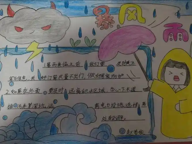 "小吾"志愿者们拿着自己做的手抄报,把暴雨自救知识讲给社区居民,受到