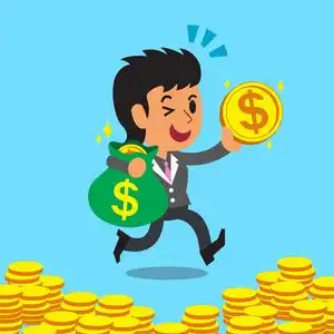 携带钱卡通女商人携带钱袋子和硬币照片