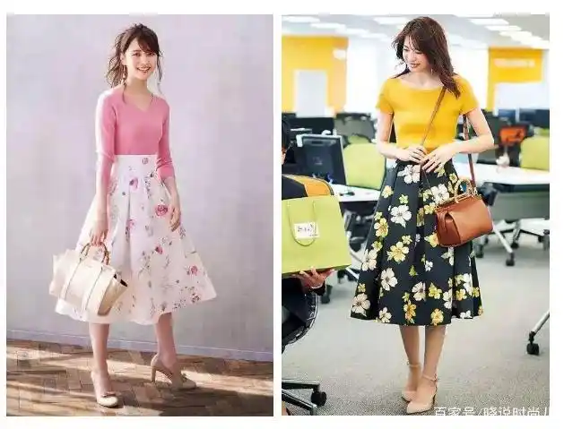 同样的原理,花色的下装,需要搭配简洁的上衣,像上图的碎花裹身半裙
