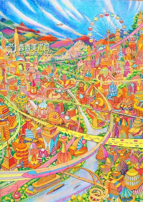 一等奖儿童科幻画绿色山城交通枢纽