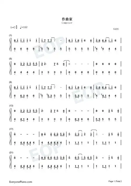 作曲家-c调简单版双手简谱预览1