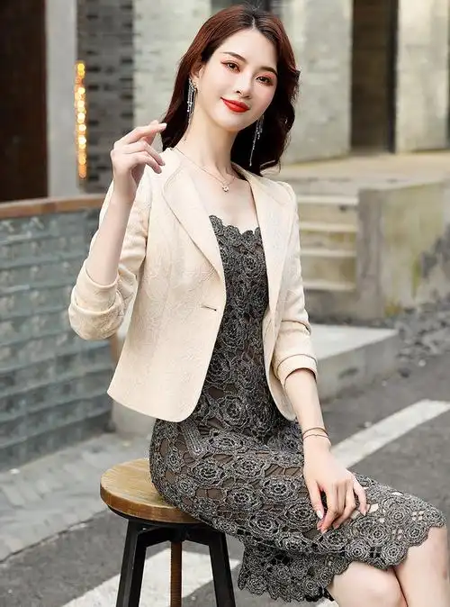 新款韩版百搭配旗袍裙子外搭蕾丝小西装hr9201501