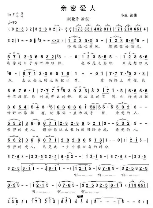 xueyuanlin记谱相关歌谱:[简谱]亲密爱人[简谱]亲密爱人[其他曲谱]