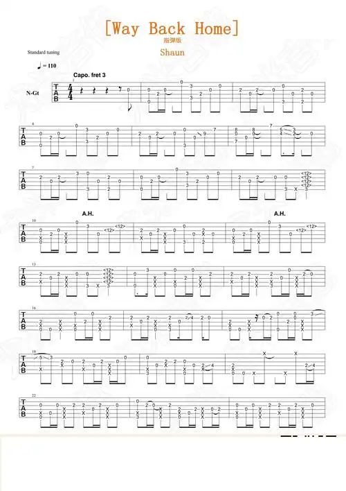 《way back home》吉他谱 高清吉他指弹谱