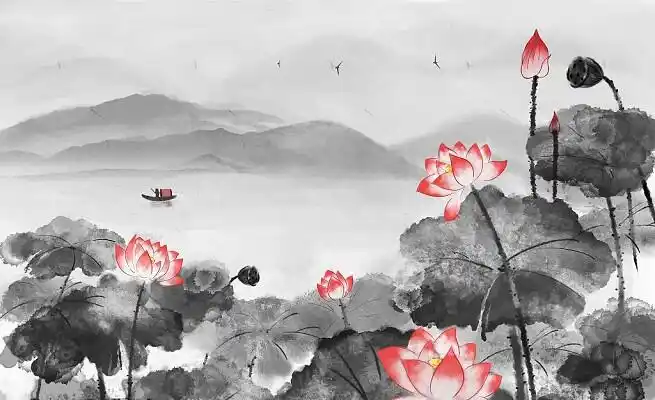 清新手绘插画背景素材手绘古风水墨植物花插画海报背景古风中国风花背