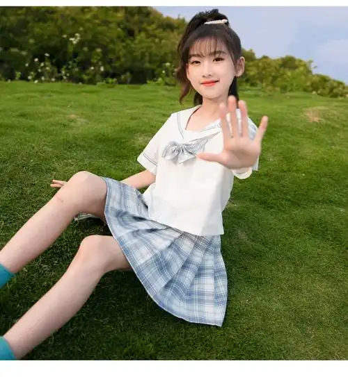 儿童jk制服夏季12岁女童日系学院风10短袖小学生水手服格裙百褶裙