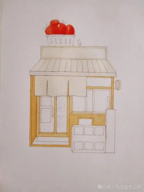 草莓水果屋/水彩小房子/附线稿过程图