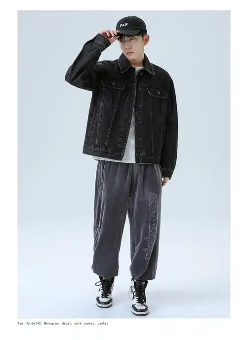 新款夹克男秋冬潮帅风牛仔衣宽松提花面料男士复古牛仔长外套衣服