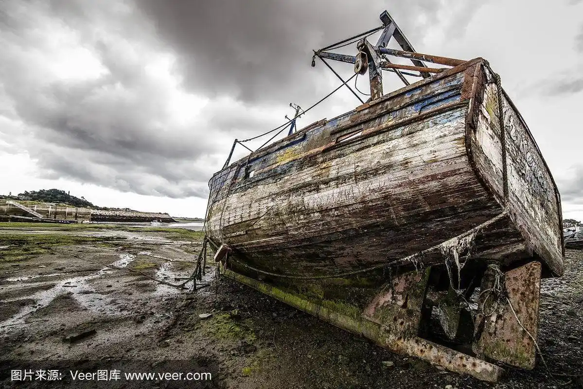 渔船残骸,退潮,诺曼底.