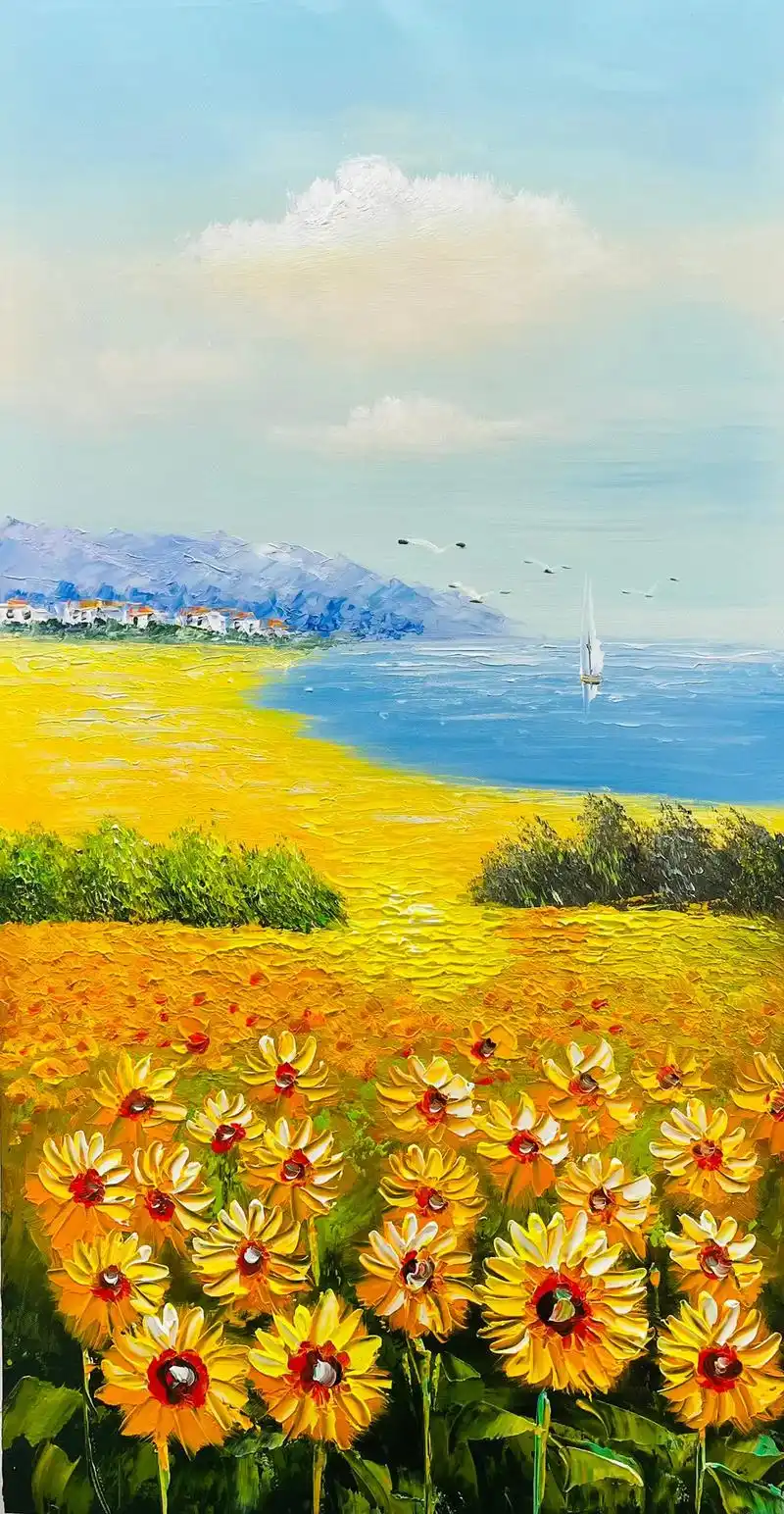 抖出我的艺术 手绘油画向日葵壁画入户玄关装饰画现代轻奢风景 - 抖