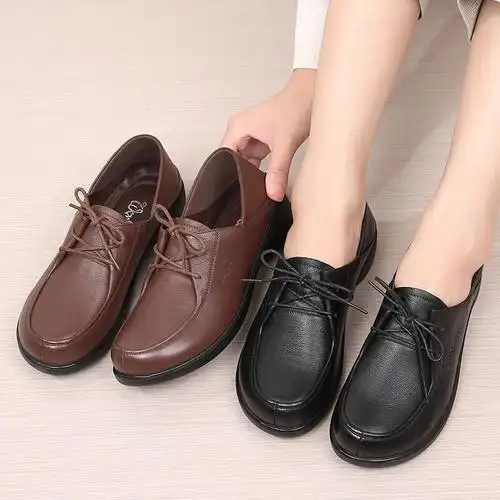 旺奈wangnai低跟软底中年女鞋休闲真皮妈妈鞋秋冬单鞋女中老年女皮鞋