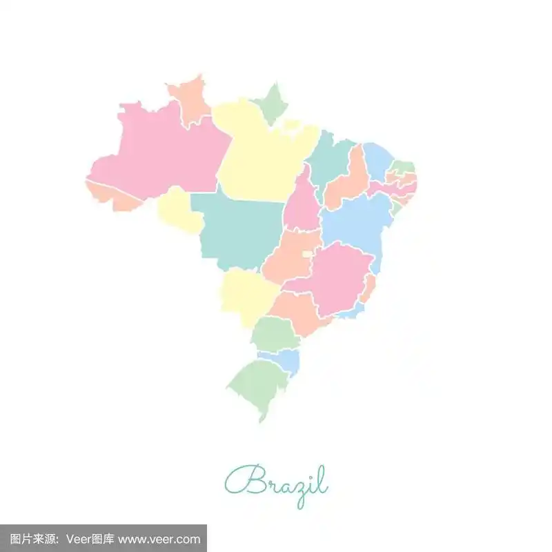 巴西地区地图:彩色的白色轮廓.
