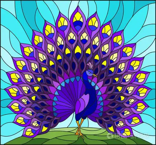 蓝色天空背景彩色孔雀彩色玻璃风格插图