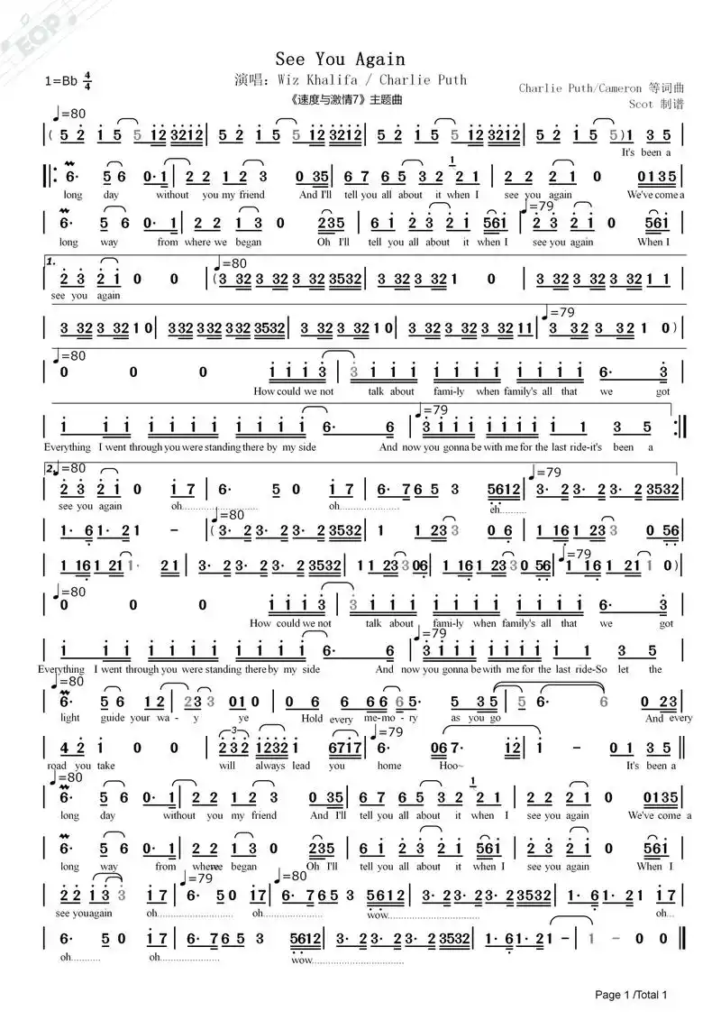 see you again-《速度与激情7》主题曲——动态简谱
