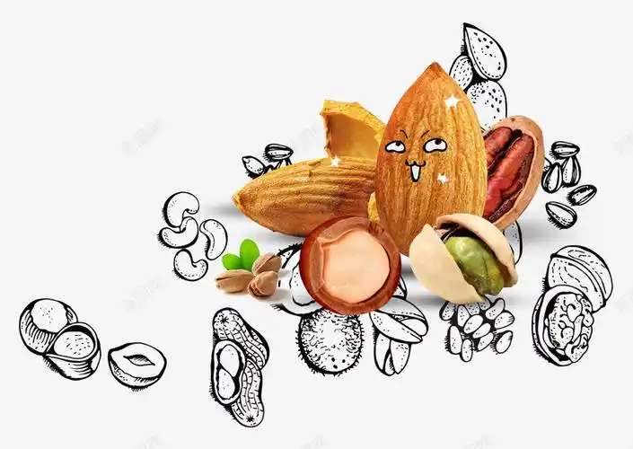 com 一堆坚果 一堆零食 卡通 小吃 巴旦木 干果 开心果 手绘 手绘小食