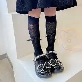 忻悦晴儿童袜子女童蝴蝶结镂空长筒袜夏季薄款黑白色配小皮鞋公主小腿
