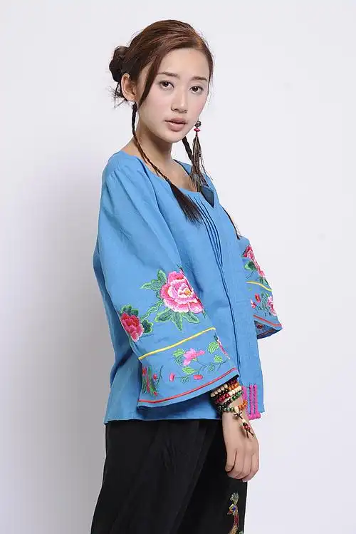 骨朵原创设计民族风休闲棉麻袖上绣花盘口短款上衣女装 4色 樱鹃