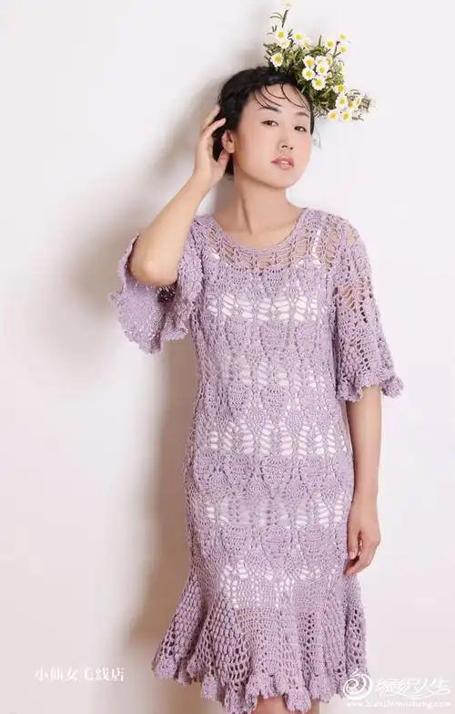 初夏微风 经典女士钩针菠萝花连衣裙